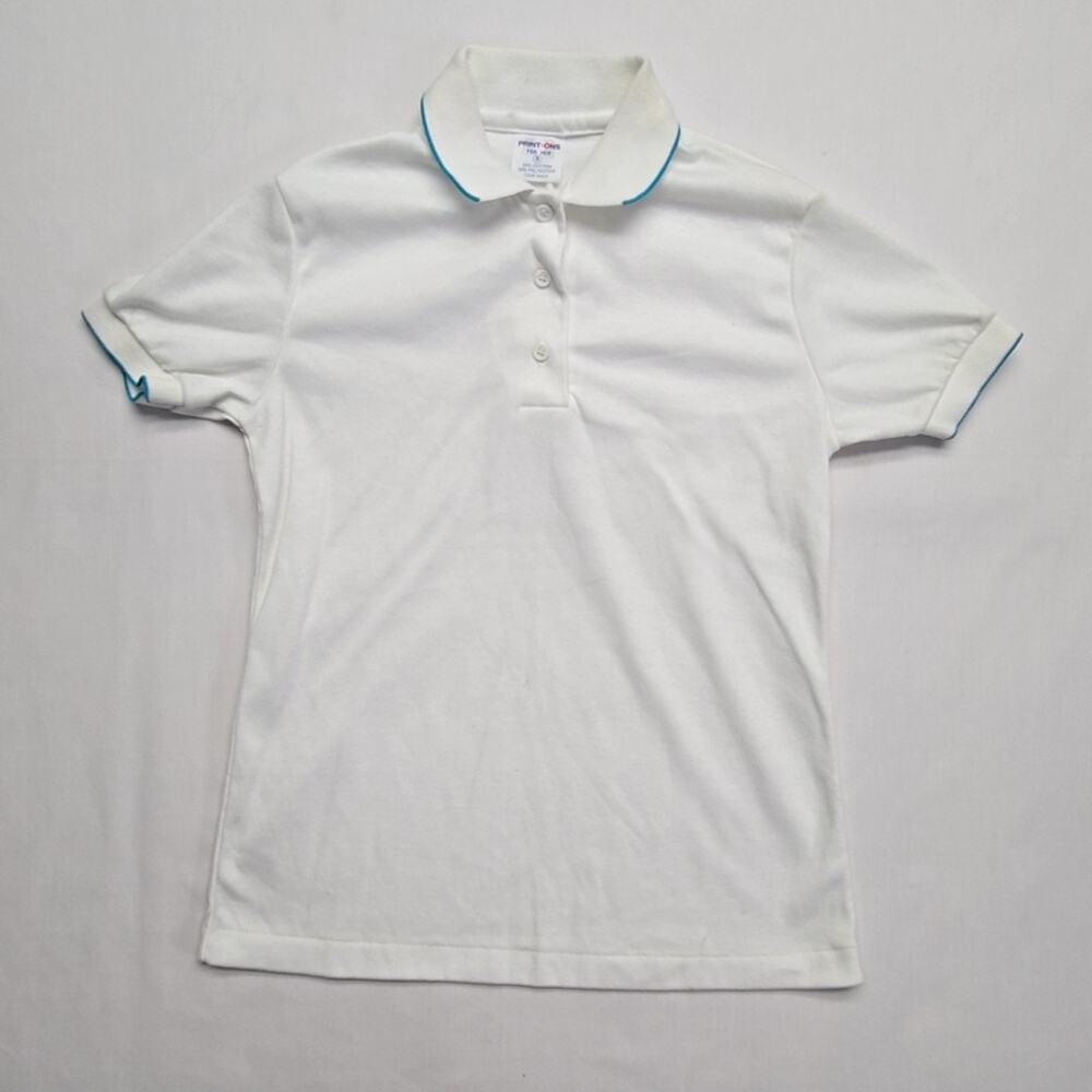 Vintage Polo Print-Ons White Blue Trim Short Sleeve Womens Small Shirt 80s
